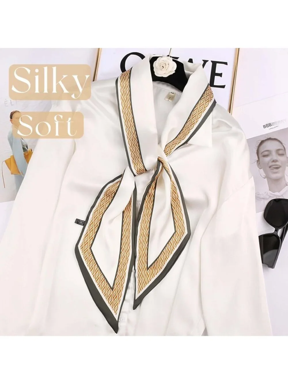 Women's Yellow White Silky Satin Headscarf Wrap Lightweight Scarves Scarf